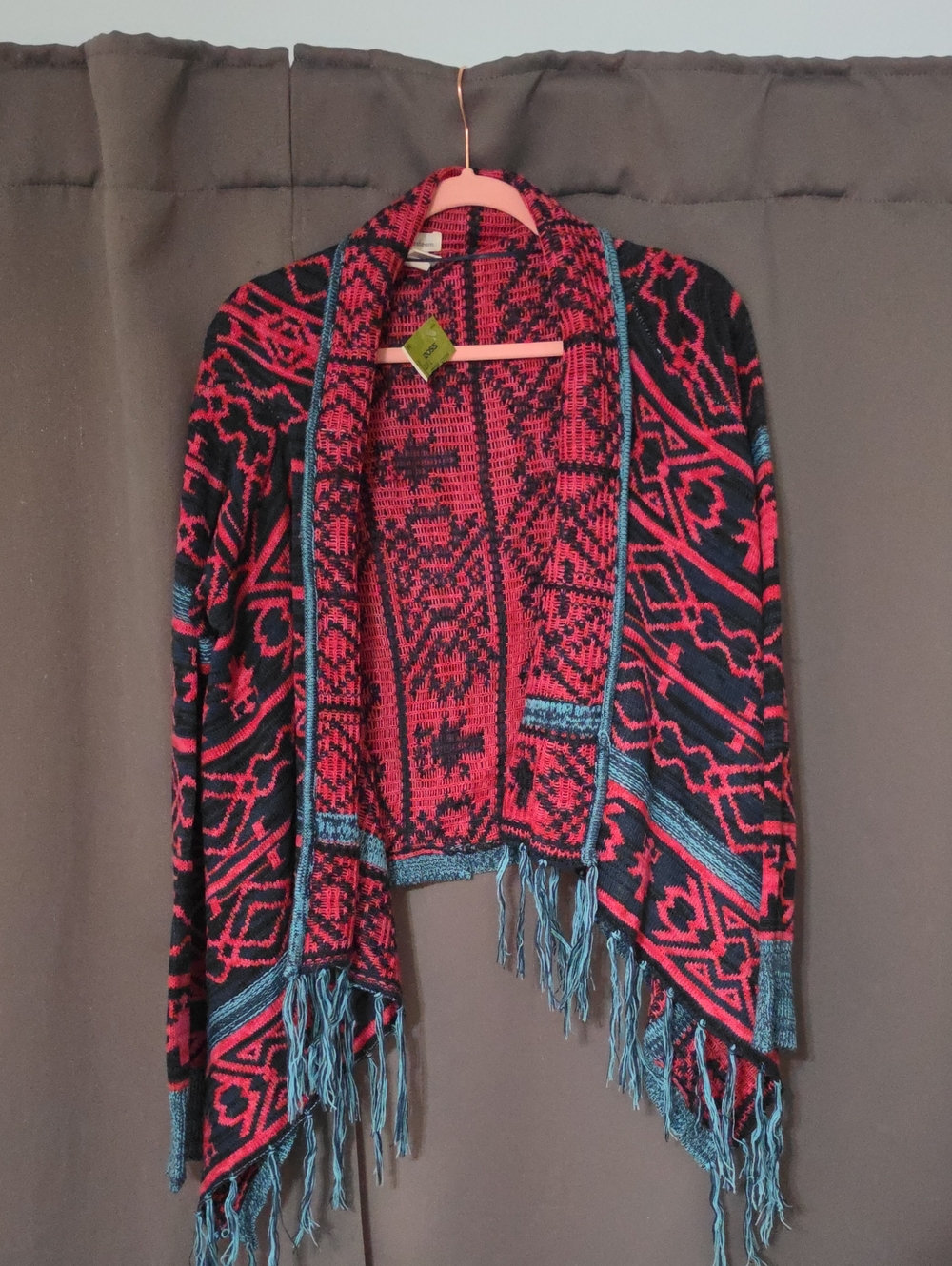 Self Esteem Open-Front Fringe Cardigan in Red, Black & Blue